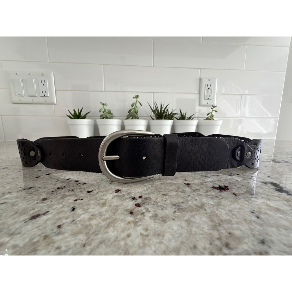 AEO American Eagle Small Black Leather Wide Cutout‎ Belt Silver Buckle